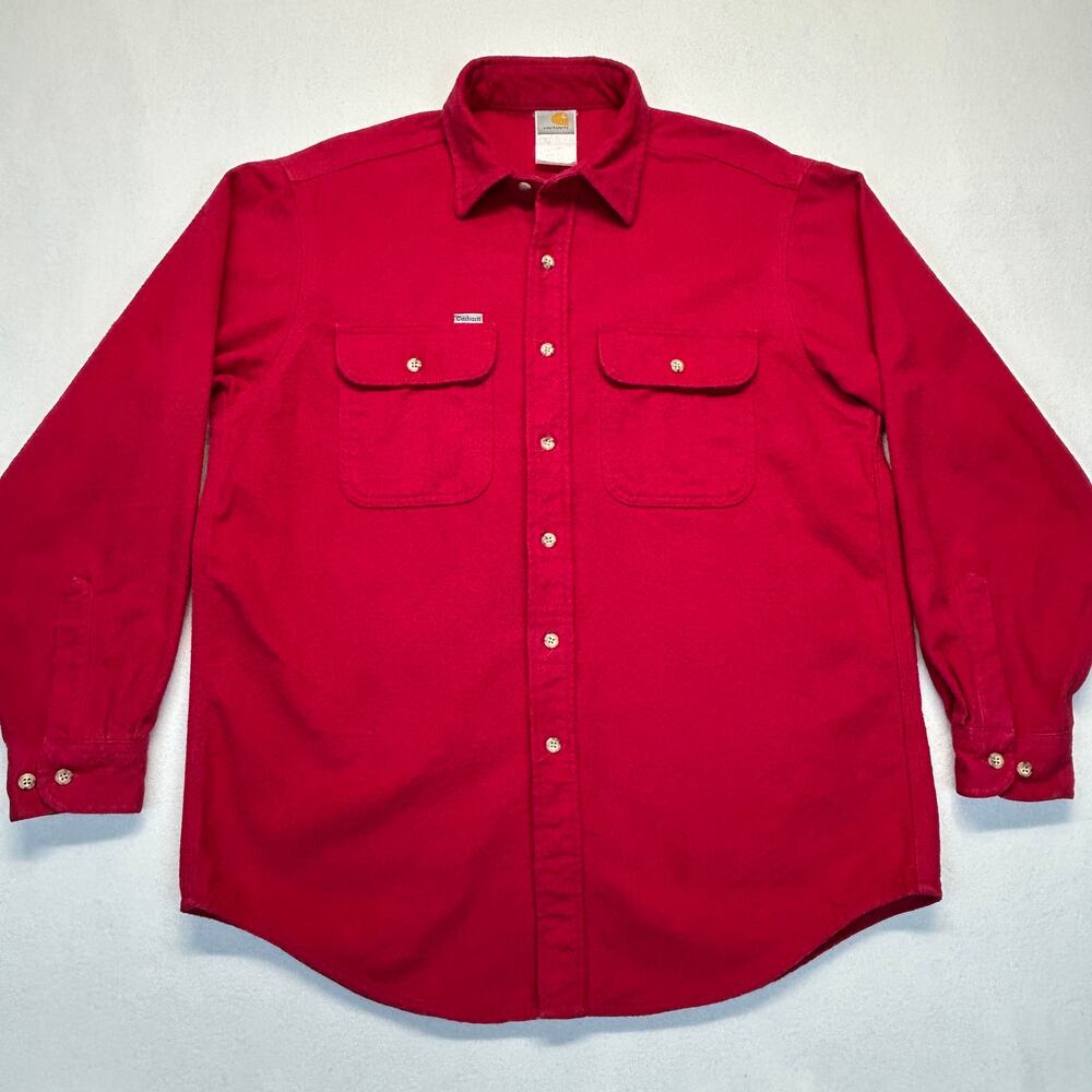 Vtg Carhartt Chamois Shirt Mens L Red USA Made Flannel Work Rugged Outdoor Wear